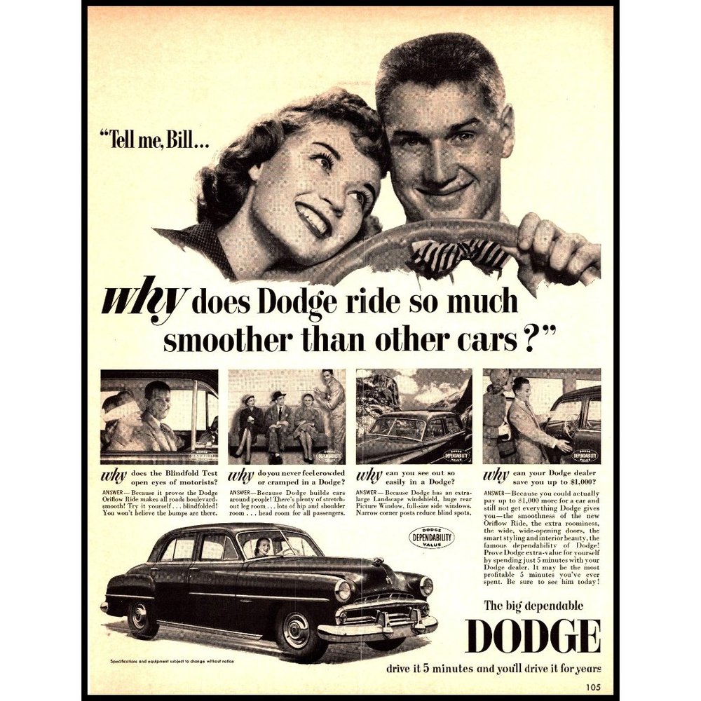 1951 Dodge Coronet Sedan Vintage Print Ad Couple Dating Bow Tie Wall Art Photo